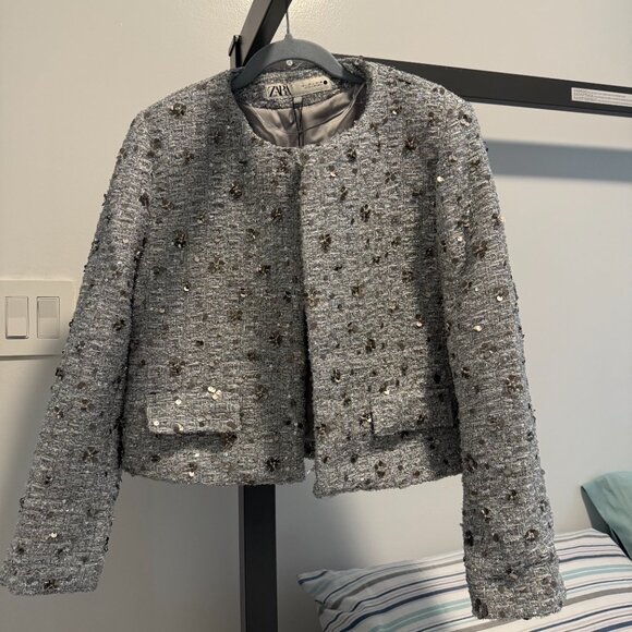 Zara ZW Collection Sequin Jacket Silver L NEW SS24 2885/152 - Picture 5 of 12